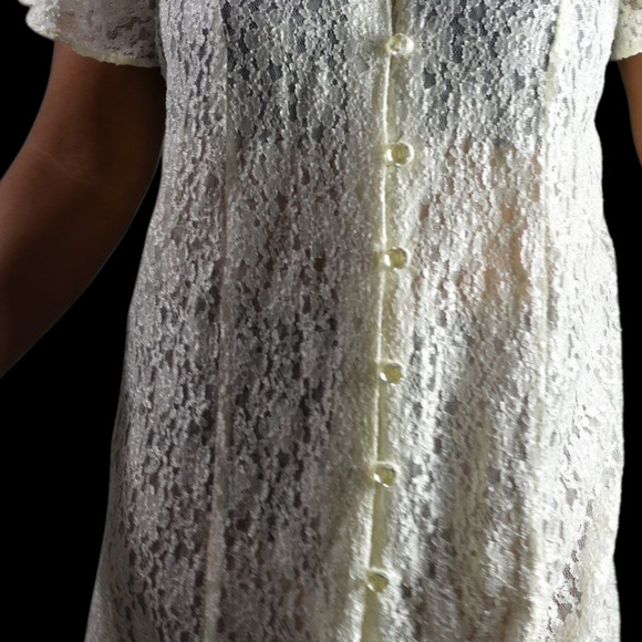 Vintage Lace Midi Dress White Ivory Button Front 80s Sheer Corset Lacing Medium - Picture 9 of 16